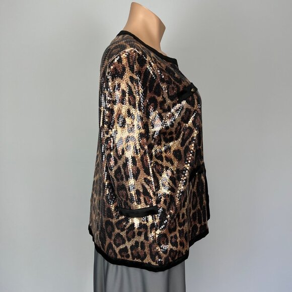 Michael Simon Womens Plus Leopard Print Sequin Jacket Hook Front Closure size 2X - Picture 5 of 14